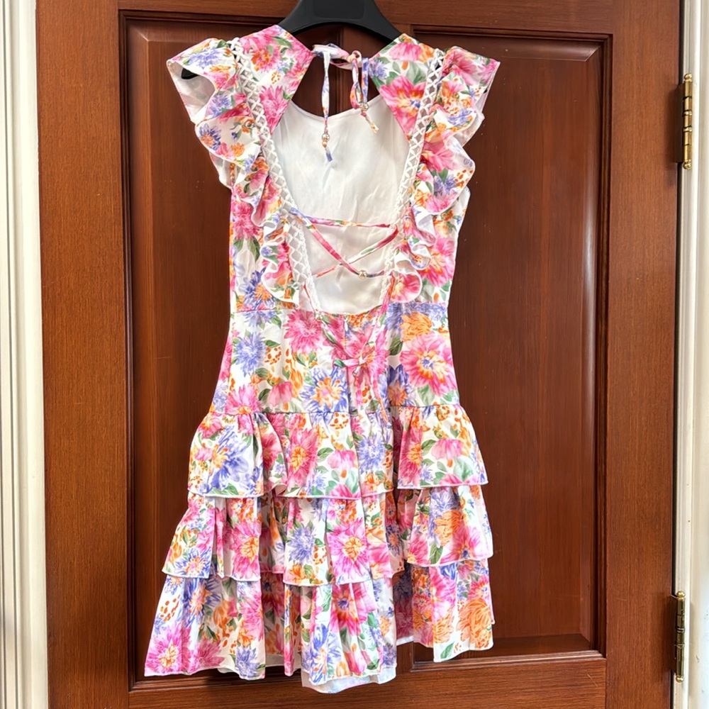 Floral Ruffle Mini Dress - White Multi - Picture 2 of 2